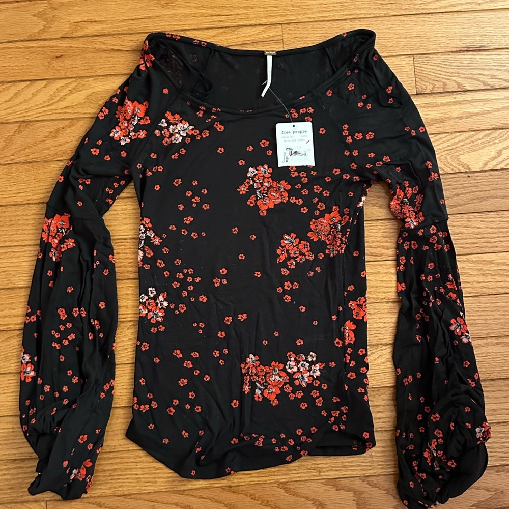 Free People Black and Red Floral Bell Sleeves Blouse